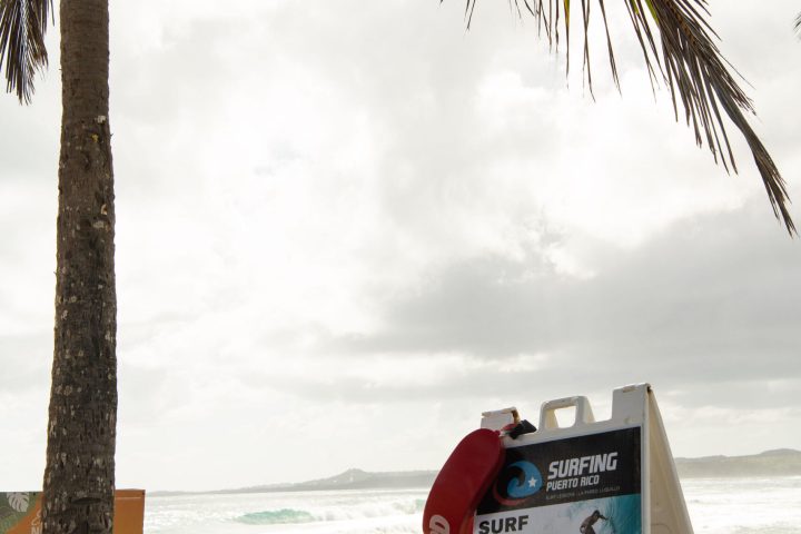 a sign on a beach with a palm tree